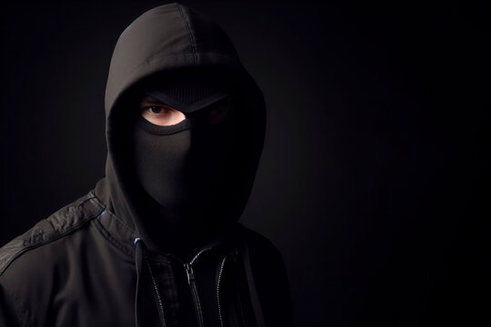 A burglar wearing black clothes and a black mask stands on black background. ai generative