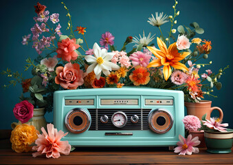 Retro radio with flowers around, holiday card, advertising music concept