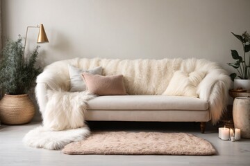 Cozy cute sofa with white fur sheepskin fluffy throw and pillows. Scandinavian home interior design of modern living room. - obrazy, fototapety, plakaty