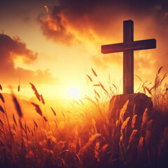 Ascension day concept. The cross on meadow autumn sunrise background. ai generative - obrazy, fototapety, plakaty
