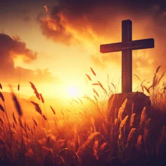 Fotobehang Ascension day concept. The cross on meadow autumn sunrise background. ai generative © Igor