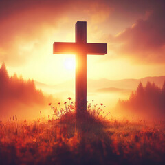 Ascension day concept. The cross on meadow autumn sunrise background. ai generative - obrazy, fototapety, plakaty