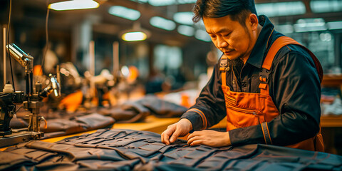 Image showcases Chinese man working in a factory setting. Man is assembling parts for chairs made of polyurethane nylon - obrazy, fototapety, plakaty