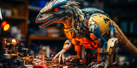 A Velociraptor in a factory working on assembling toy parts, Step into an enchanting world where...