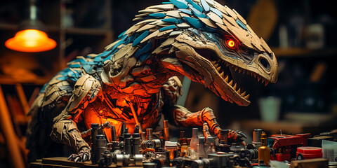 Velociraptor assembles toy parts in a factory setting Unique and entertaining concept for...