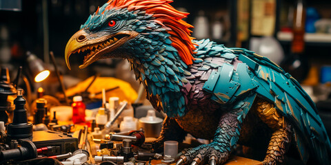 Naklejka premium Unique concept of a Velociraptor working in a factory setting Toy parts are being assembled by the Velociraptor Creative and playful twist on traditional assembly line work Perfect for dinosaur