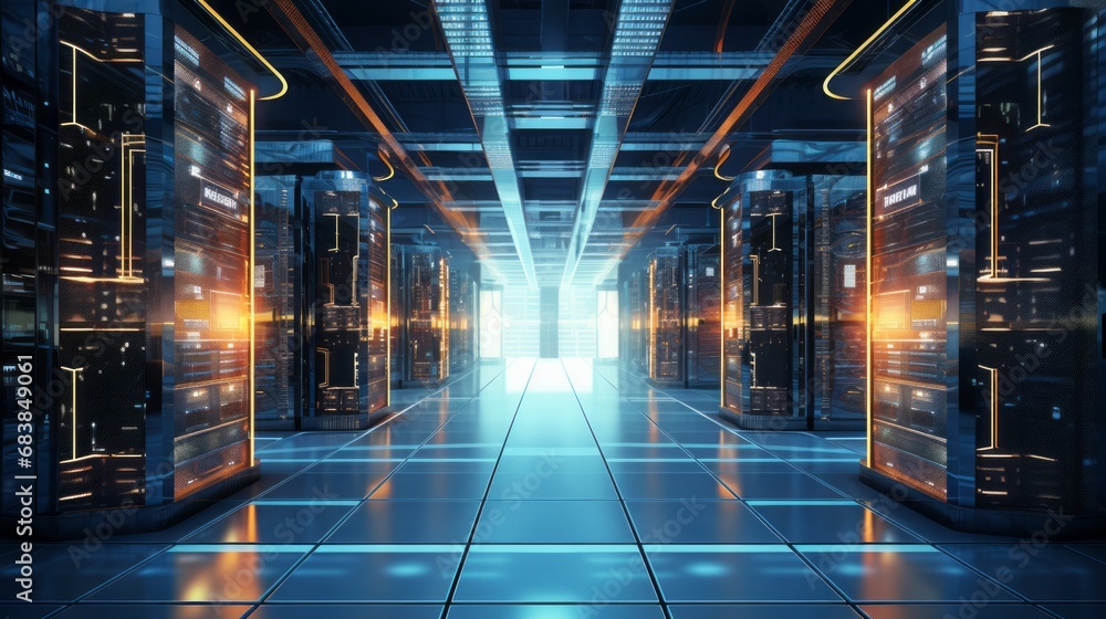 Poster modern technology: composite image of a computer server room, advanced it infrastructure
