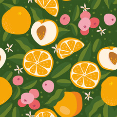 juicy tropical fruits scattered over a green background. fruit explosion