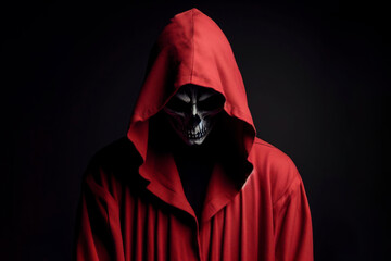 Man in a red robe with a hood a scary on solid black background. ai generative - obrazy, fototapety, plakaty