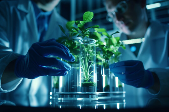 The future biotechnology science conceptual picture of a scientist holds an experimental seeding growth in chemical liquid of a glass pot in a laboratory. Generative AI.