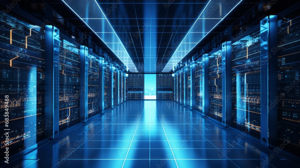 Poster modern technology: composite image of a computer server room, advanced it infrastructure
