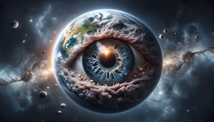A 3D render depicting a surreal cosmic entity, where half resembles Earth with detailed continents and oceans, and the other half is a giant eye, Created by using generative AI tools - obrazy, fototapety, plakaty