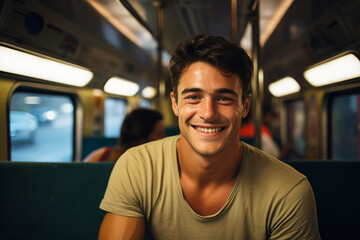 Obraz premium AI generated image of attractive handsome man riding in bus