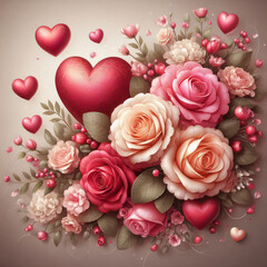 Roses Bouquet and Hearts background. Valentine or Wedding background. ai generative