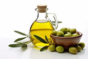  Olive Oil and Olives in a Wooden Bowl
