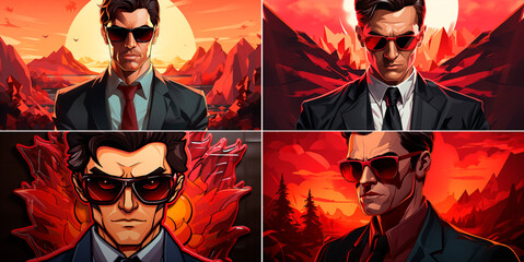 Design features: modern design of stickers for online casinos. The character illustration shows a man wearing a black suit with red eye shadow, a white shirt and sunglasses.