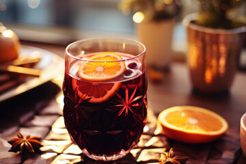Festive mulled wine on the Christmas table, hot alcoholic drink with space for text