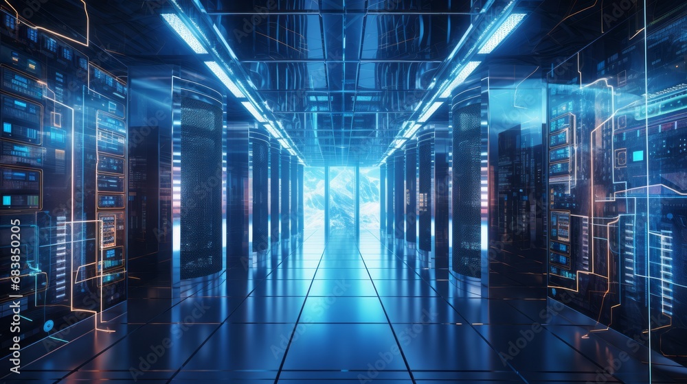 Poster modern technology: composite image of a computer server room, advanced it infrastructure