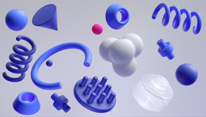 3d shapes, geometric isolated figures. Sphere, springs, abstract modern playful 3d rendering design elements - 683850481