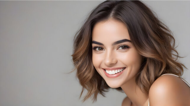 Closeup photo portrait of a beautiful young portuguese latina model woman smiling with clean teeth. used for a dental ad. 
