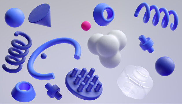 3d shapes, geometric isolated figures. Sphere, springs, abstract modern playful 3d rendering design elements