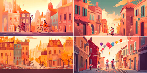 A girl and a man ride bicycles in the old town. Explore the charming streets of the old town on two wheels! Bike Adventures CityExplorers