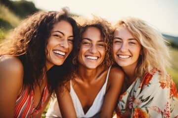 Fototapeta premium happy female friends having fun together outdoors. AI Generated