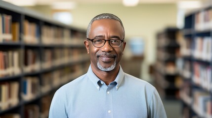 Fototapeta premium Smiling elderly man university lecturer in eyeglasses looking at camera while standing in library. Professor studies material gaining experience in educational institution