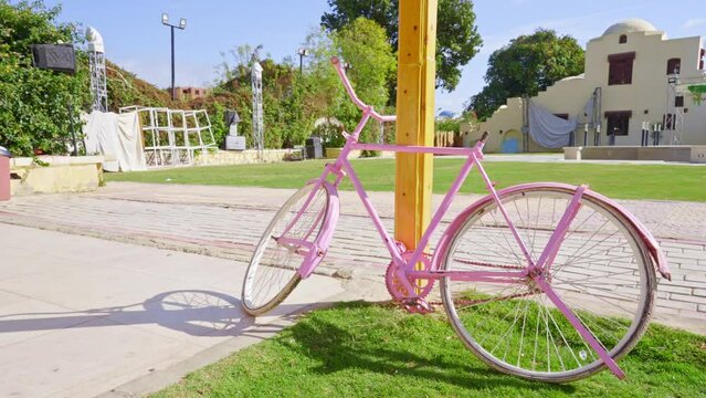 Pink bicycle in the garden of a house