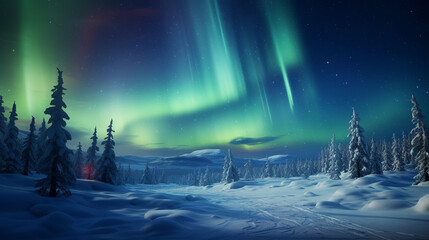Obraz premium Aurora borealis, winter landscape with forest. 