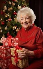 Fototapeta na wymiar Portreit of a beautiful elderly woman with a look full of joy. The lady is smiling and holding a red gift box.