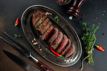 Sliced grilled beef barbecue Striploin steak on a dark background. top view. copy space for text