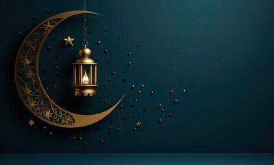 Ramadan, arabian relics, crescent moon and lighthouse, golden, on a dark background