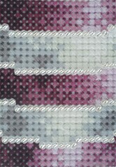 A close-up shot of a cross stitch mades with purple, white and gray threads and silver beads.