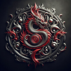 3d Logo illustration of dragon carving on dark background