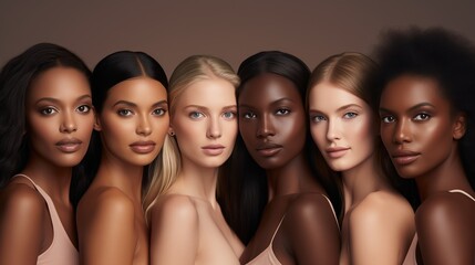 Six women with diverse hair colors and natural skin tones pose together, showcasing the beauty of diversity and fostering an empowering bond that captures the essence of inclusivity and harmony.