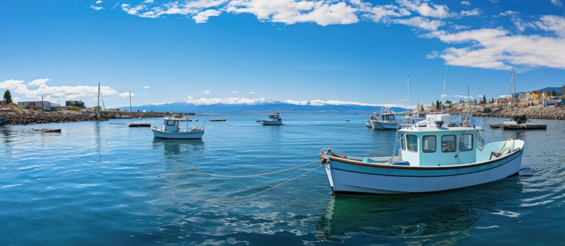 Fishing boats anchored in the harbor with a bright blue sky in the background and birds flying above
