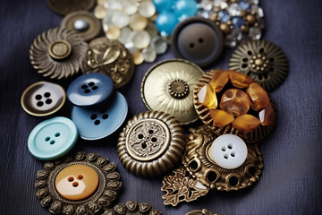 Obraz premium Group of fancy antique buttons, close-up. Various vintage sewing accessories in a pile. AI-generated