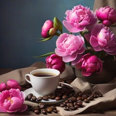 Fototapeta na wymiar cup of coffee and rose