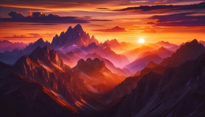A breathtaking mountain landscape at sunset, showcasing the majestic beauty of nature. The image captures the moment when the setting sun casts a warm