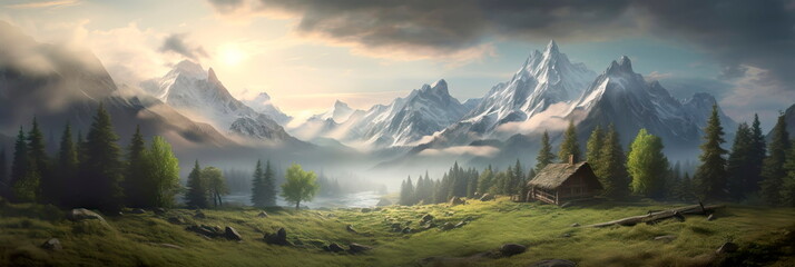 morning scene in the mountains, with mist swirling around the peaks, pine trees in the foreground, and a small cabin nestled among the trees.