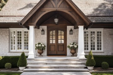 Main entrance door in house. Wooden front door with gabled porch and landing. Exterior of georgian style home cottage with white columns and stone cladding