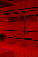 Vertical photo of a darkroom with chemicals for developing photographs under red light