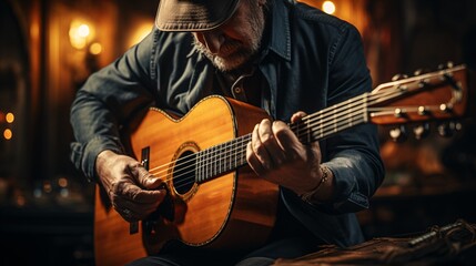 A mesmerizing close-up shot of hands strumming an acoustic guitar, inciting feelings of ardor, artistry, and melodies. - obrazy, fototapety, plakaty