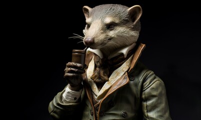 a realistic weasel in as sherlock detective character dress style