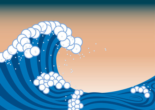 和風な波の浮世絵風イラスト。日本の海のイメージ。