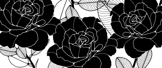 Black and white floral background, poster, banner, wallpaper with black lush rose flowers with prickly branches and leaves. © Лилия Агапова