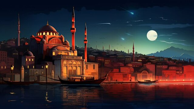 Hagia Sophia, Istanbul Turkey at night with shooting star animation. Seamless looping video background animation, cartoon illustration style. Generated with AI