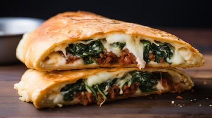 Design an image displaying a double-layered calzone stuffed with ricotta cheese, spinach, and Italian sausage