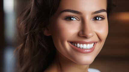 A woman grins with sparkling ivory incisors in full view.